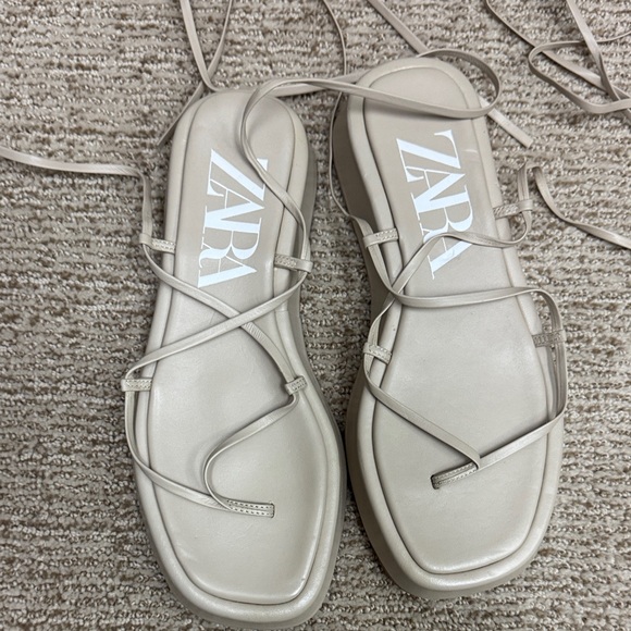 Zara lace up leather nude beige Strappy Platform Sandal shoes flip flop Flatform - Picture 9 of 10